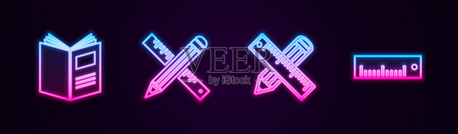 打开书，交叉的尺子和铅笔，和尺子。发光的霓虹灯图标。向量插画图片素材