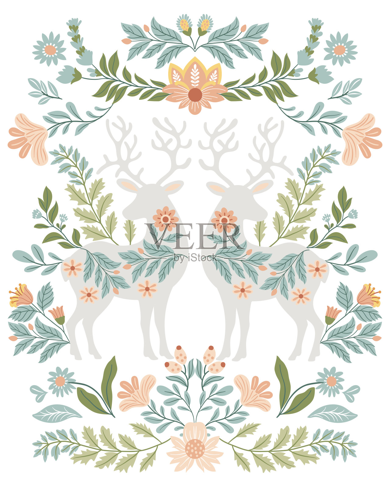 用民间艺术元素制作的明信片或海报。民间矢量插图与花和鹿在一个白色的背景。手绘的民间花。斯堪的纳维亚传统图案插画图片素材