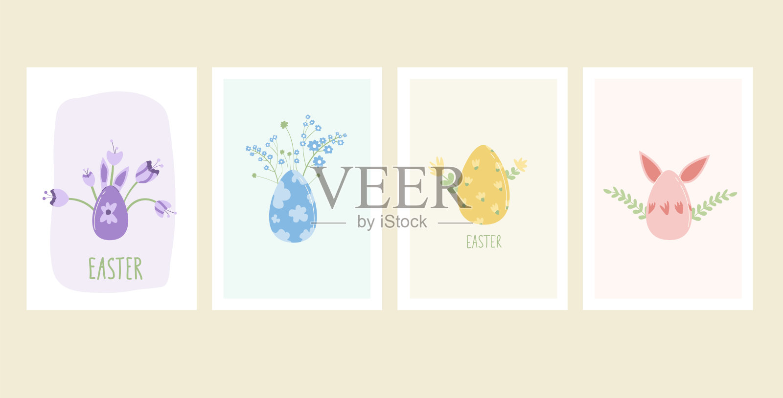 复活节彩蛋与鲜花海报设置模板。春节贺卡收藏。矢量平面集合图插画图片素材