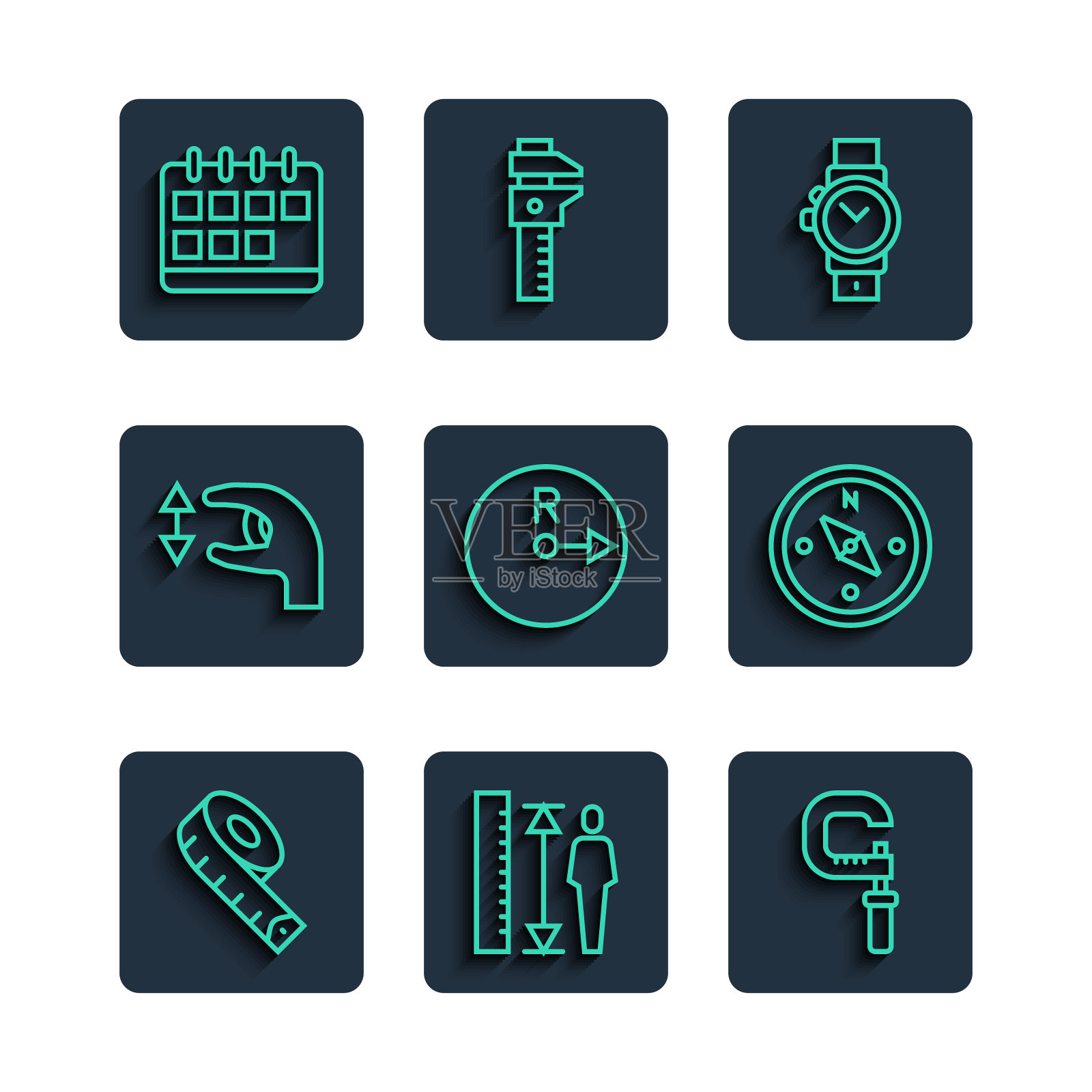 设置线测量磁带，高度体，千分尺，腕表，半径，近似测量，日历和指南针图标。向量插画图片素材