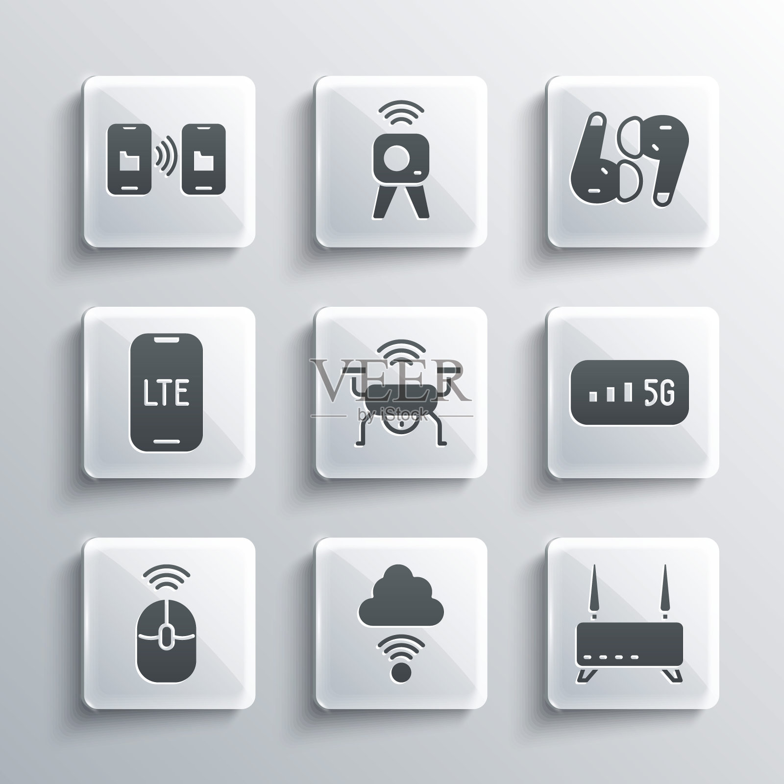 设置网络云连接、路由器和wi-fi信号、5G无线互联网、智能无人机系统、无线电脑鼠标、LTE网络、数据传输存储和Air耳机图标。向量插画图片素材