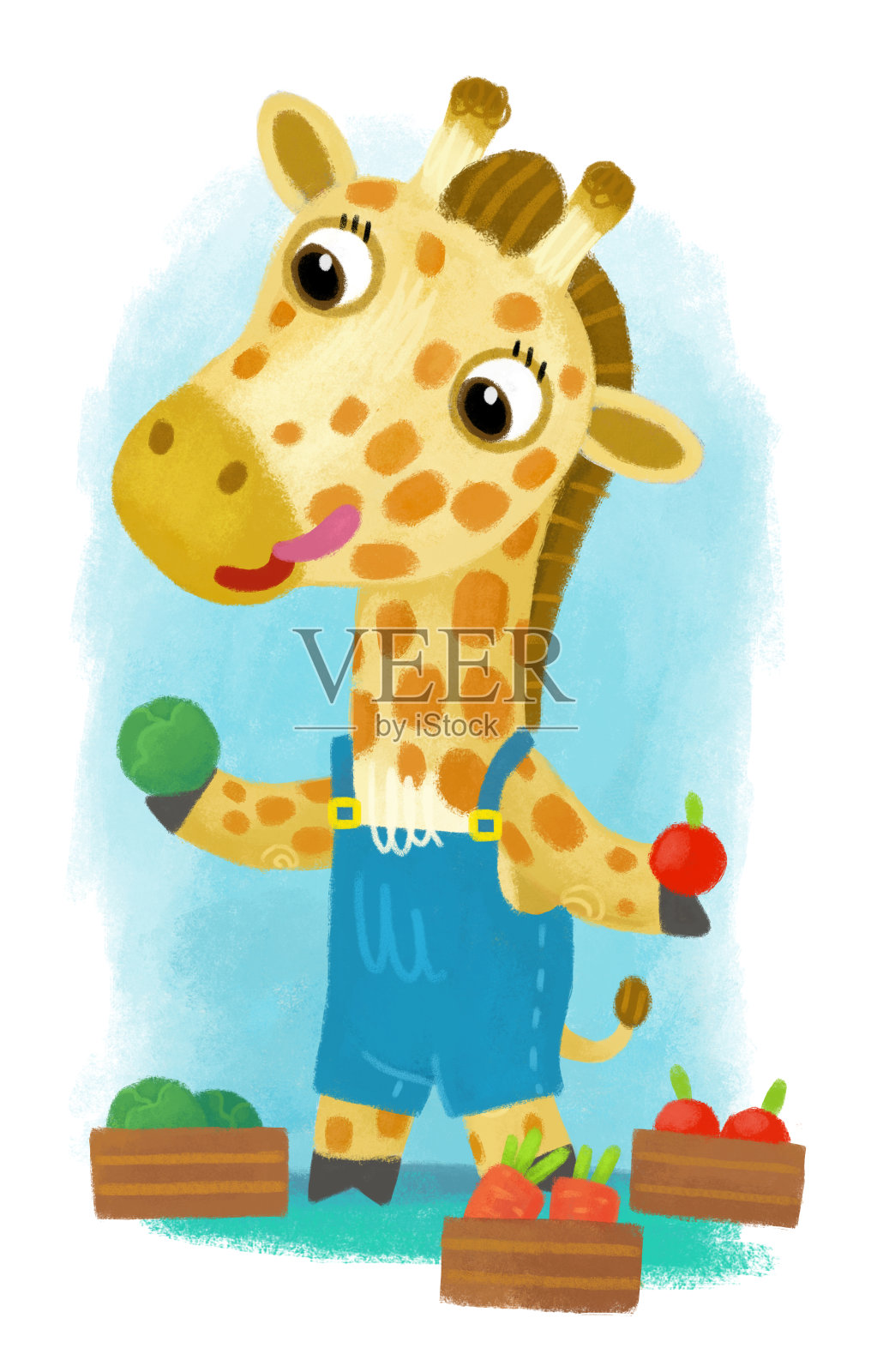 卡通场景与野生动物长颈鹿做的事情，像人类在白色背景插图的孩子插画图片素材