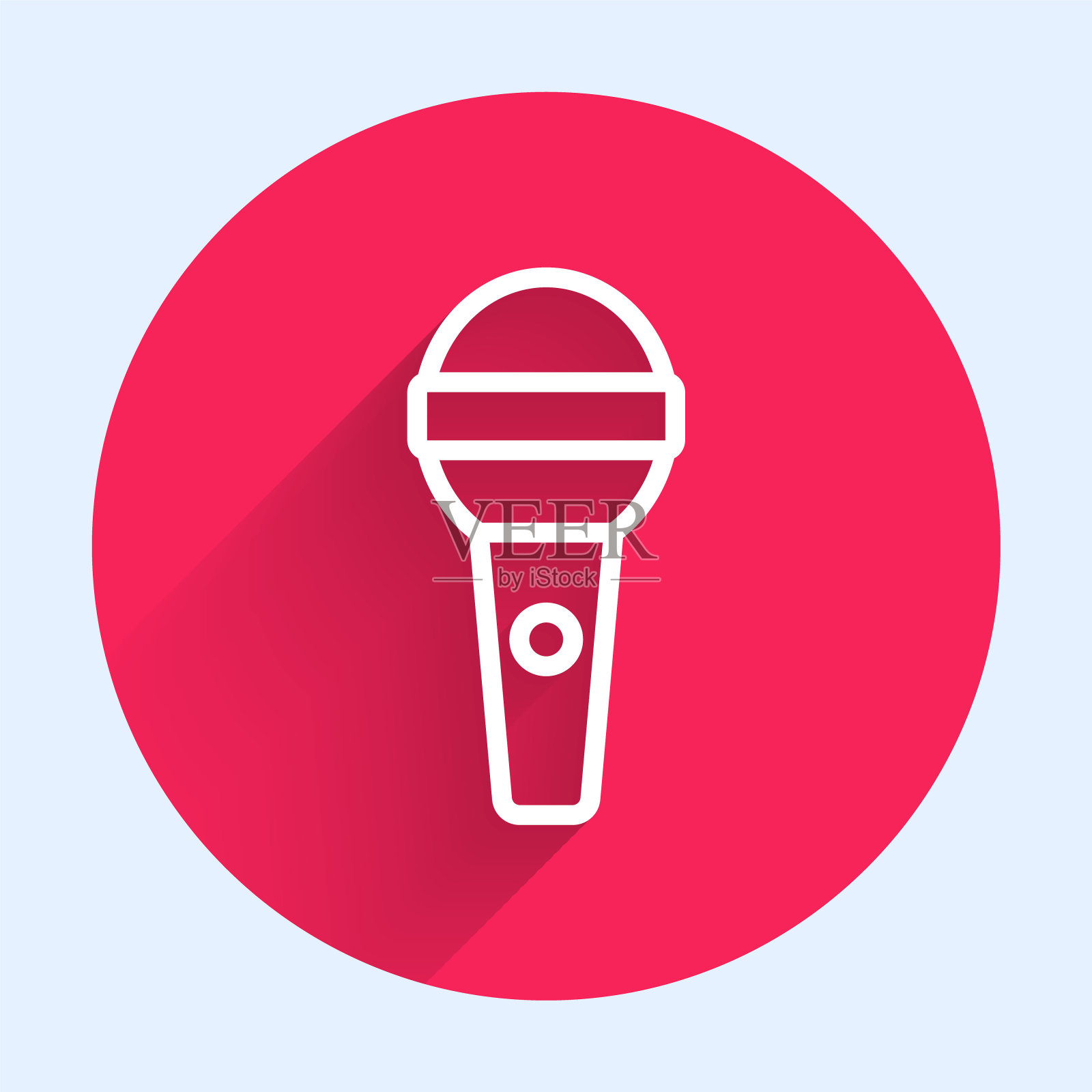 白线麦克风图标隔离与长阴影。在空中广播麦克风麦克风。演讲者的迹象。红色圆圈按钮。向量插画图片素材