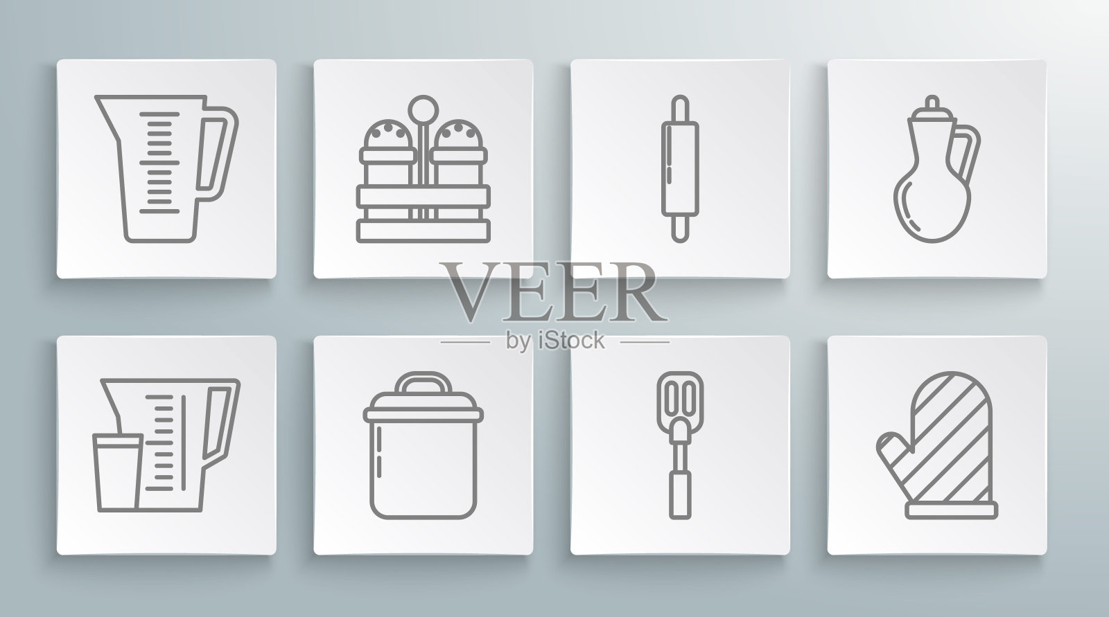 测量杯，盐和胡椒，烹饪锅，抹刀，烤箱手套，擀面杖，橄榄油瓶和图标。向量插画图片素材