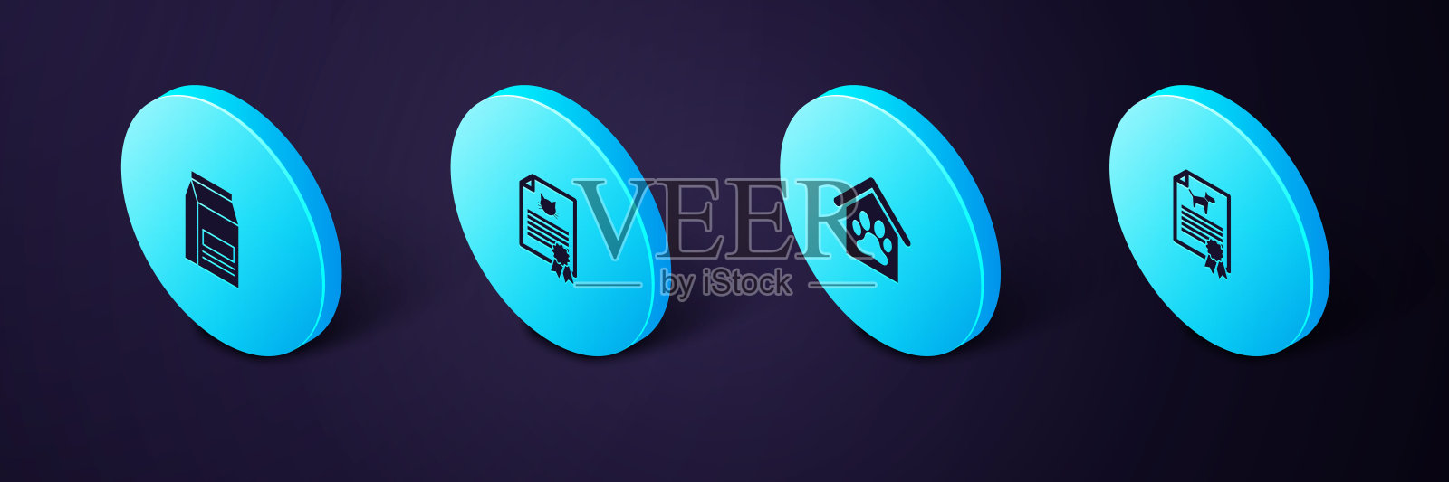 设置狗或猫的等长证书，狗屋和爪印宠物，以及食品袋图标。向量插画图片素材