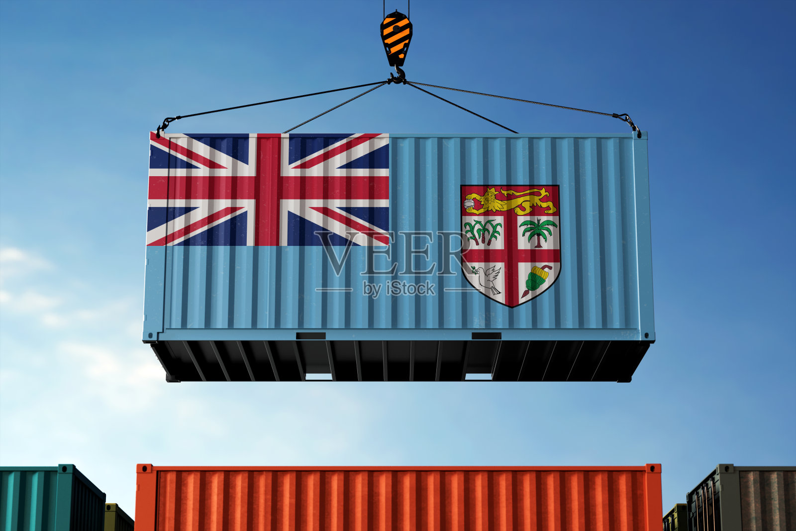 斐济贸易货物集装箱悬挂在云的背景照片摄影图片