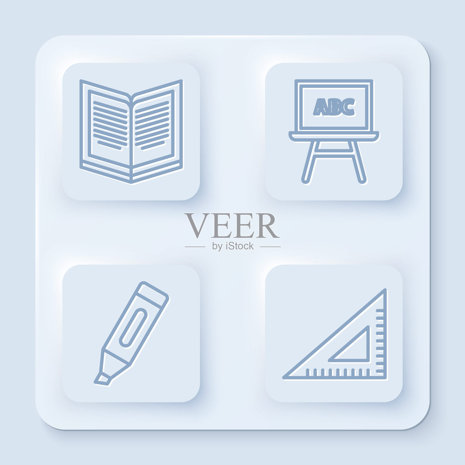 打开书本，黑板，记号笔和三角尺。白色方形按钮。向量插画图片素材