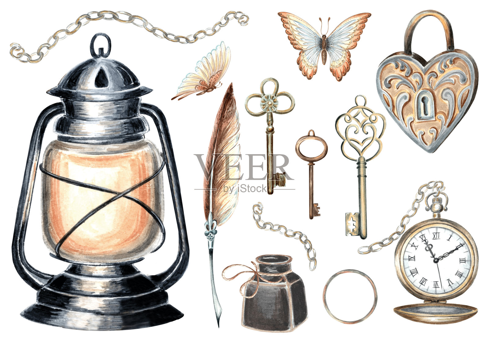 复古套装与灯笼，怀表，钥匙，链条，锁，羽毛笔，墨水瓶，蝴蝶。手绘水彩插图。剪贴簿，卡片，贴纸，纺织品孤立元素的剪贴画。插画图片素材