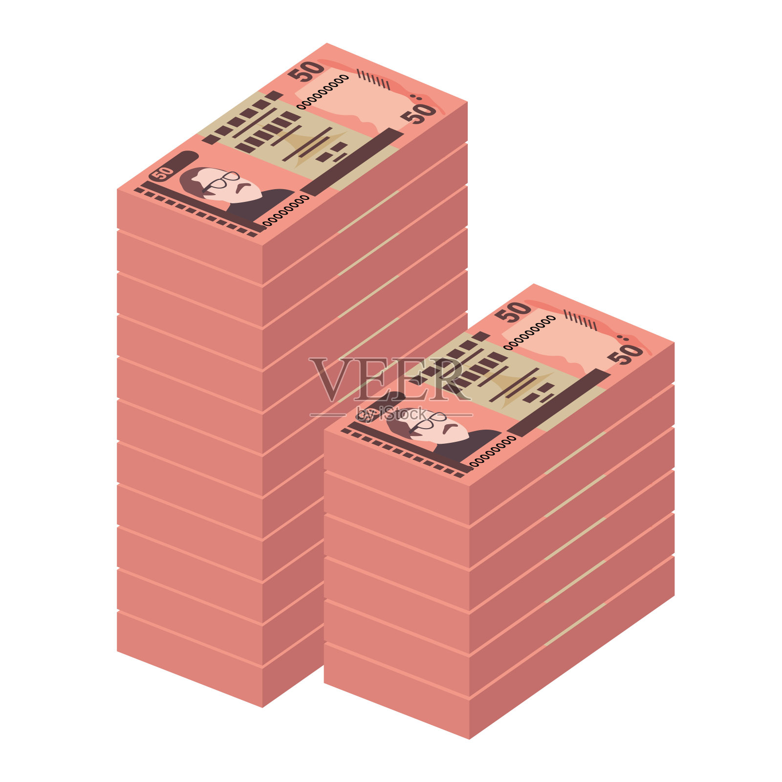 孟加拉国塔卡矢量插图。孟加拉国货币集捆钞票。纸币50比特币。平的风格。孤立在白色背景上。简单的最小设计。插画图片素材