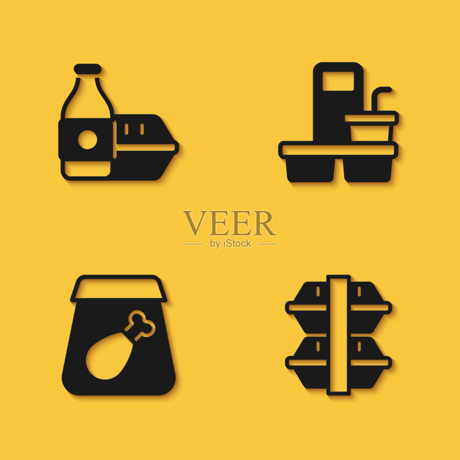 设置在线订购食品，午餐盒，餐点和咖啡杯去图标长阴影。向量插画图片素材