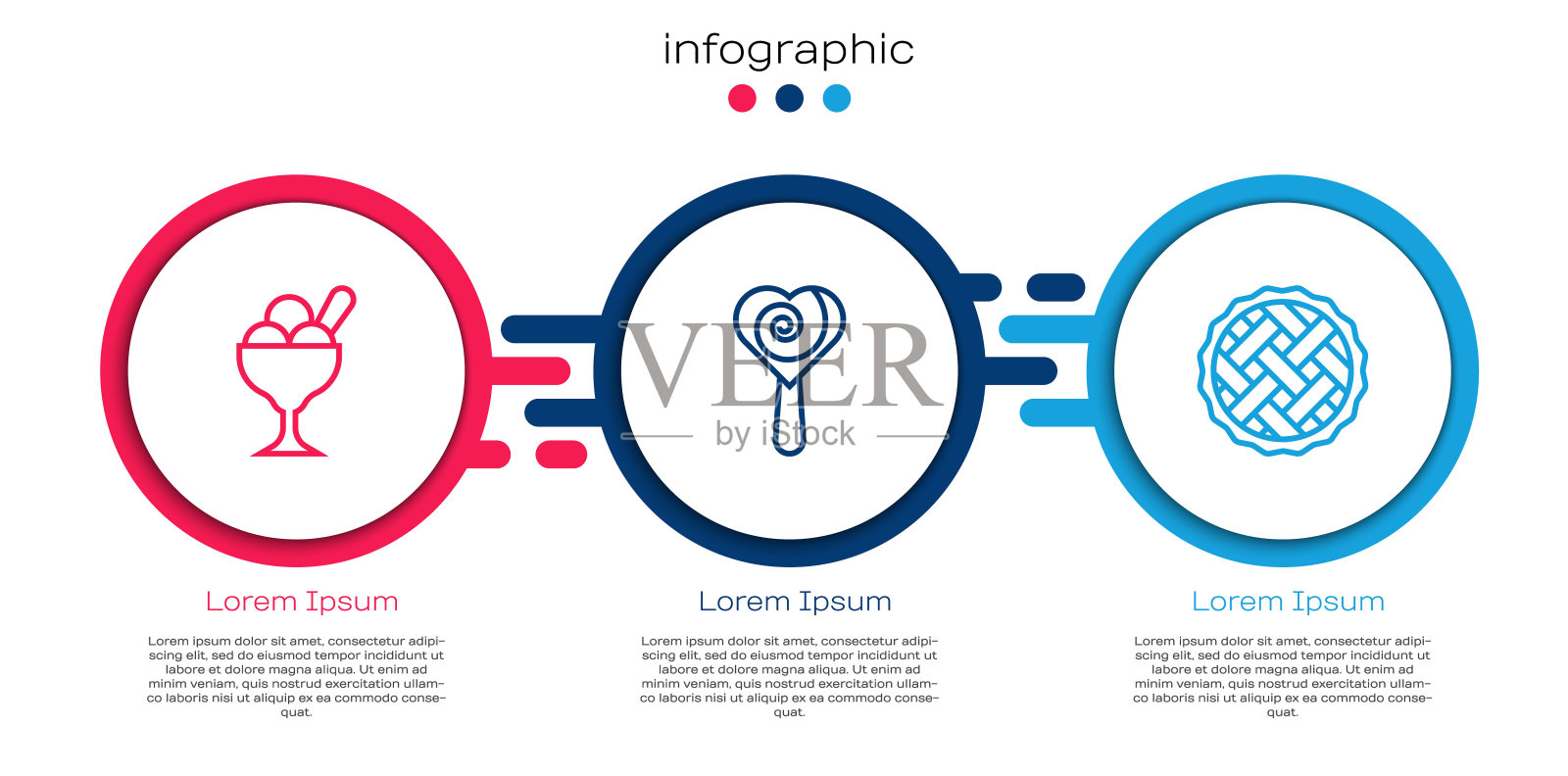 碗里装冰淇淋、棒棒糖和自制派。业务信息图表模板。向量插画图片素材