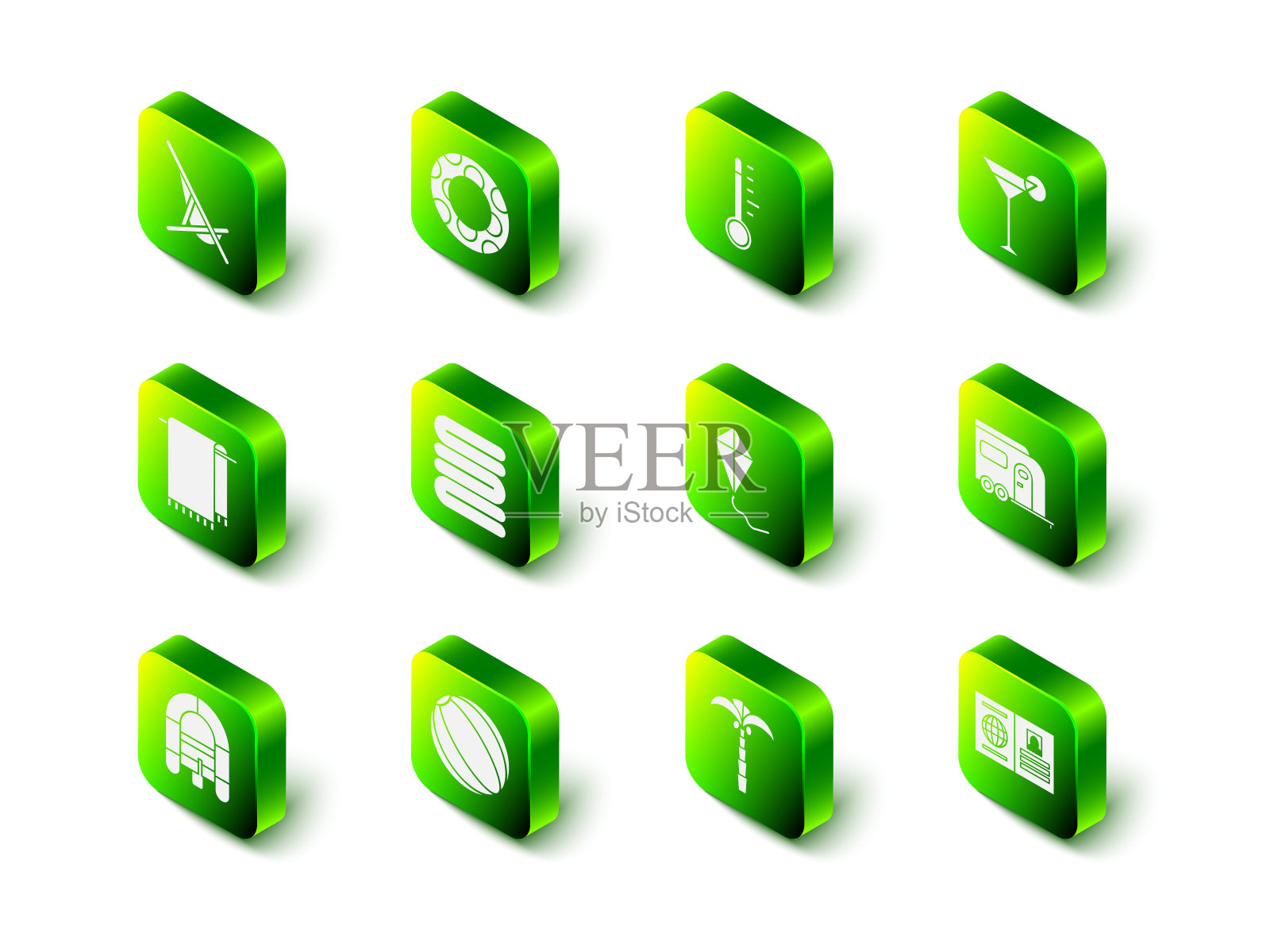 集橡胶游泳圈，气象温度计，马提尼玻璃，房车露营拖车，护照，风筝，热带棕榈树和海滩球图标。向量插画图片素材