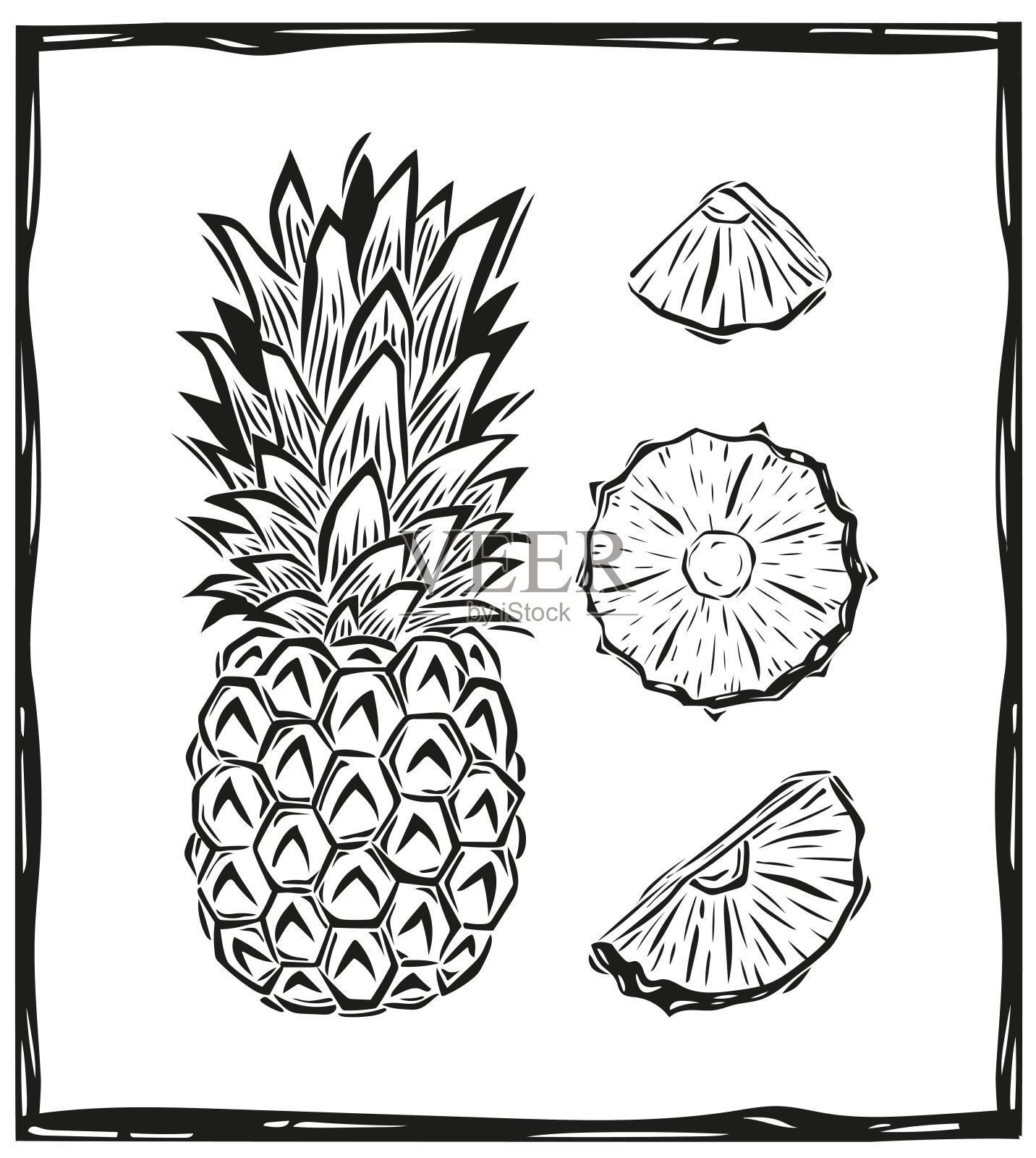 菠萝切片，鸡尾酒和饮料。木刻画风。插画图片素材