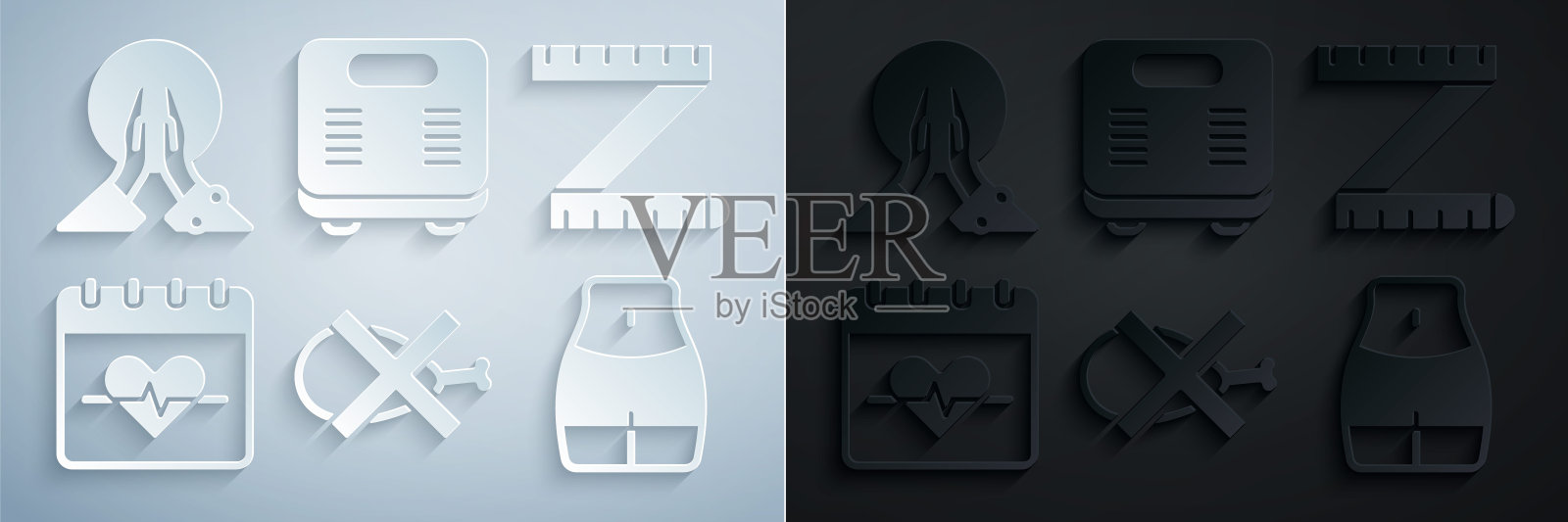 设置不吃肉，卷尺，心率，女性腰围，浴室秤和冥想图标。向量插画图片素材