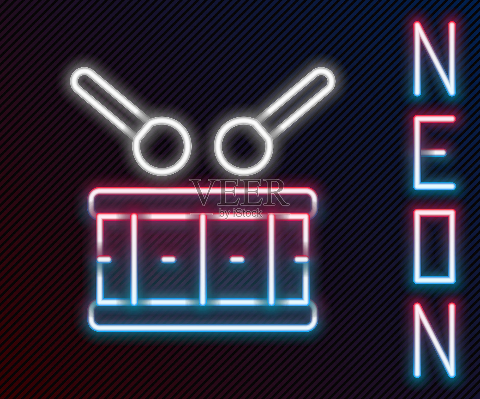 发光的霓虹灯线鼓与鼓棒图标孤立的黑色背景。音乐符号。乐器符号。色彩缤纷的轮廓概念。向量插画图片素材