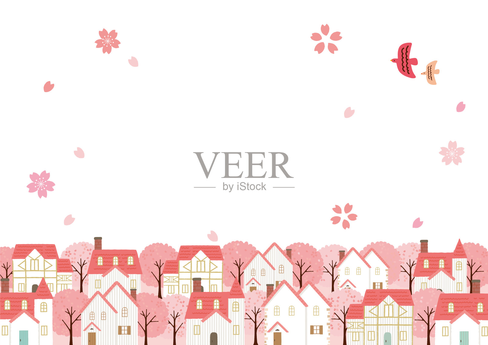 矢量插图的春天的城市景观背景。插画图片素材