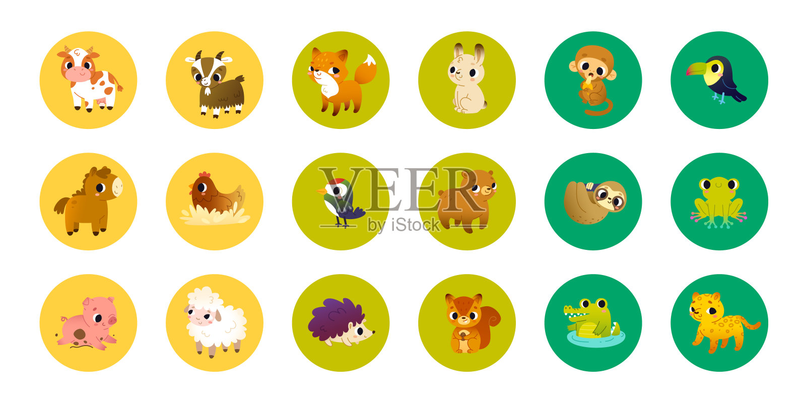 一组大的卡通动物宝宝围成圆圈。矢量束可爱的野生动物的孩子们。贴纸收集。插画图片素材