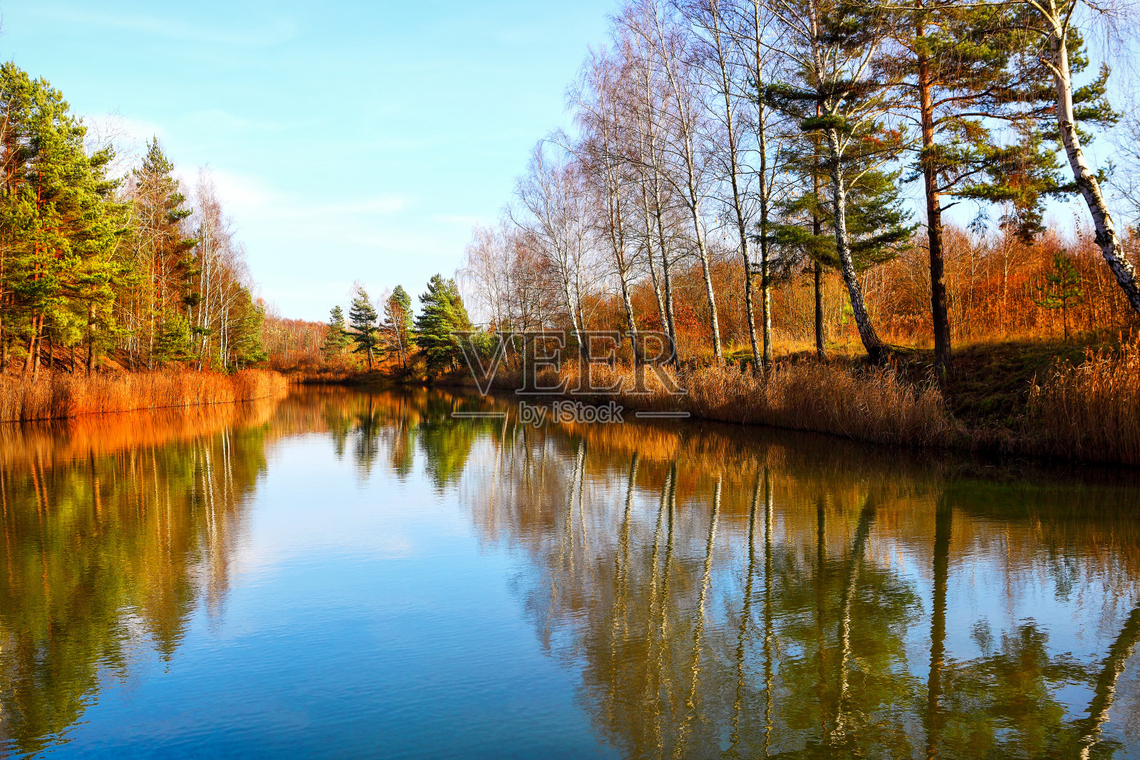 湖边公园里秋天的鲜艳色彩照片摄影图片