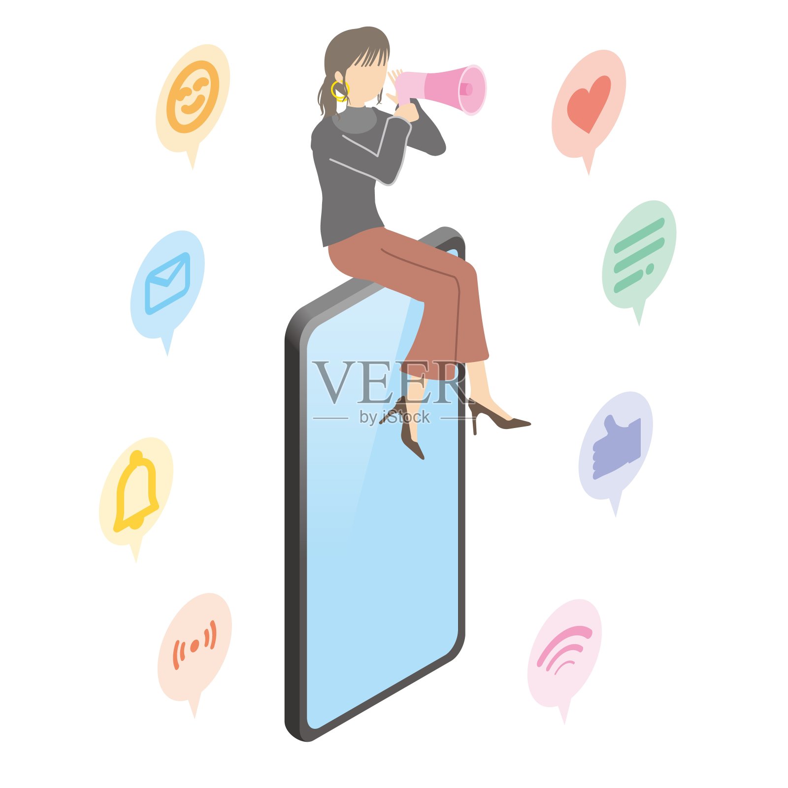 图为一名妇女使用智能手机访问社交网络服务插画图片素材