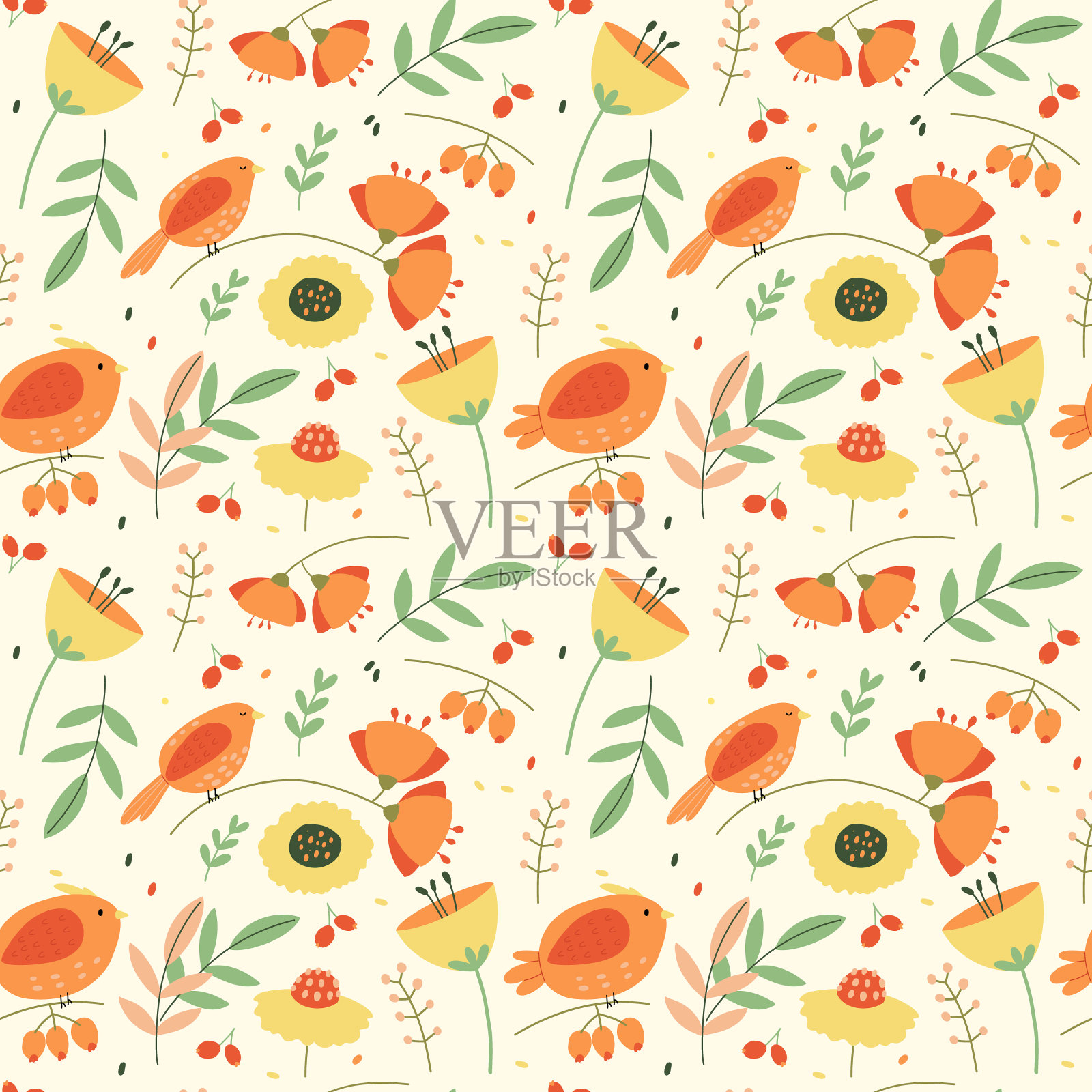 可爱的鸟和花的无缝图案在一个明亮的背景插画图片素材