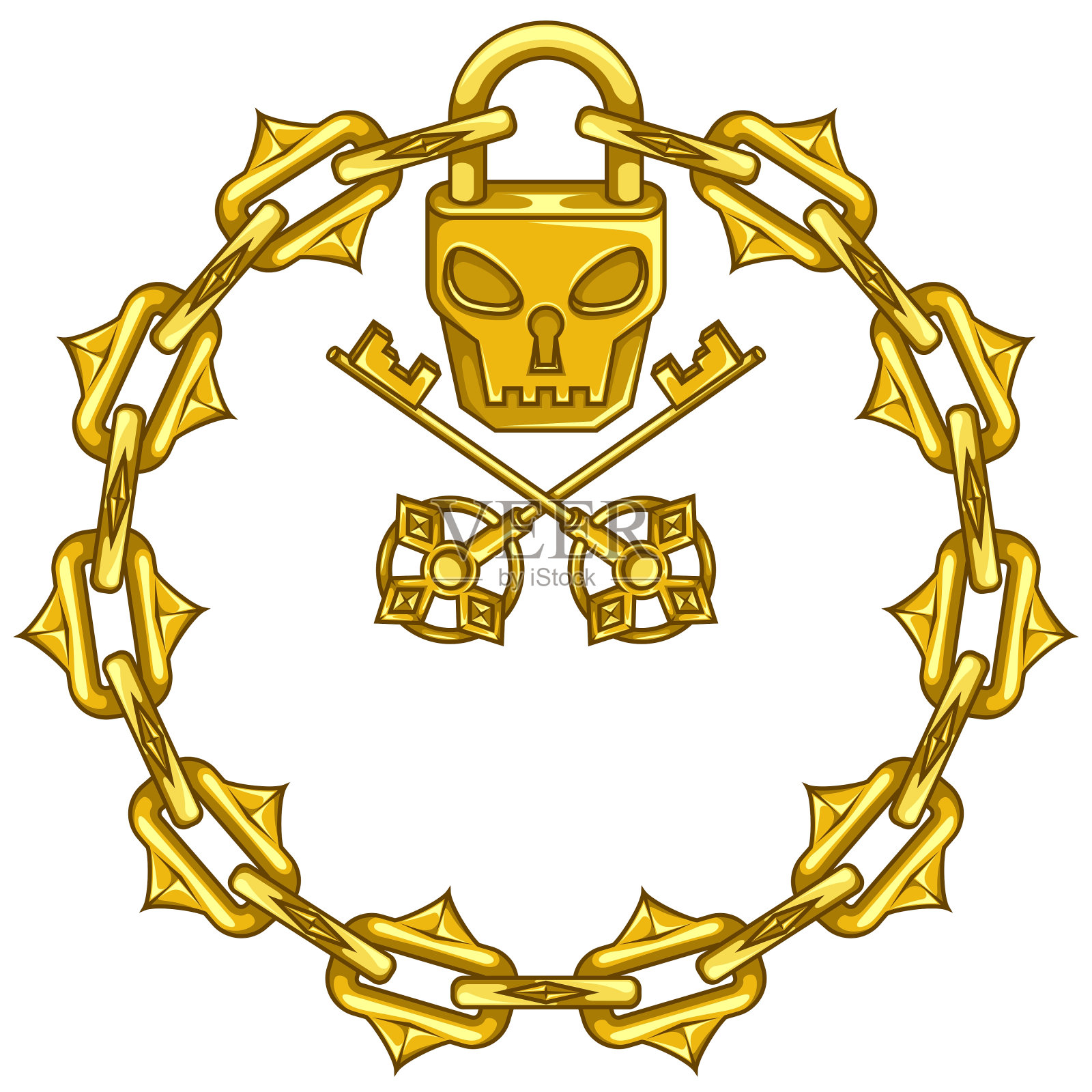 头骨形状的挂锁，有钥匙和链条插画图片素材