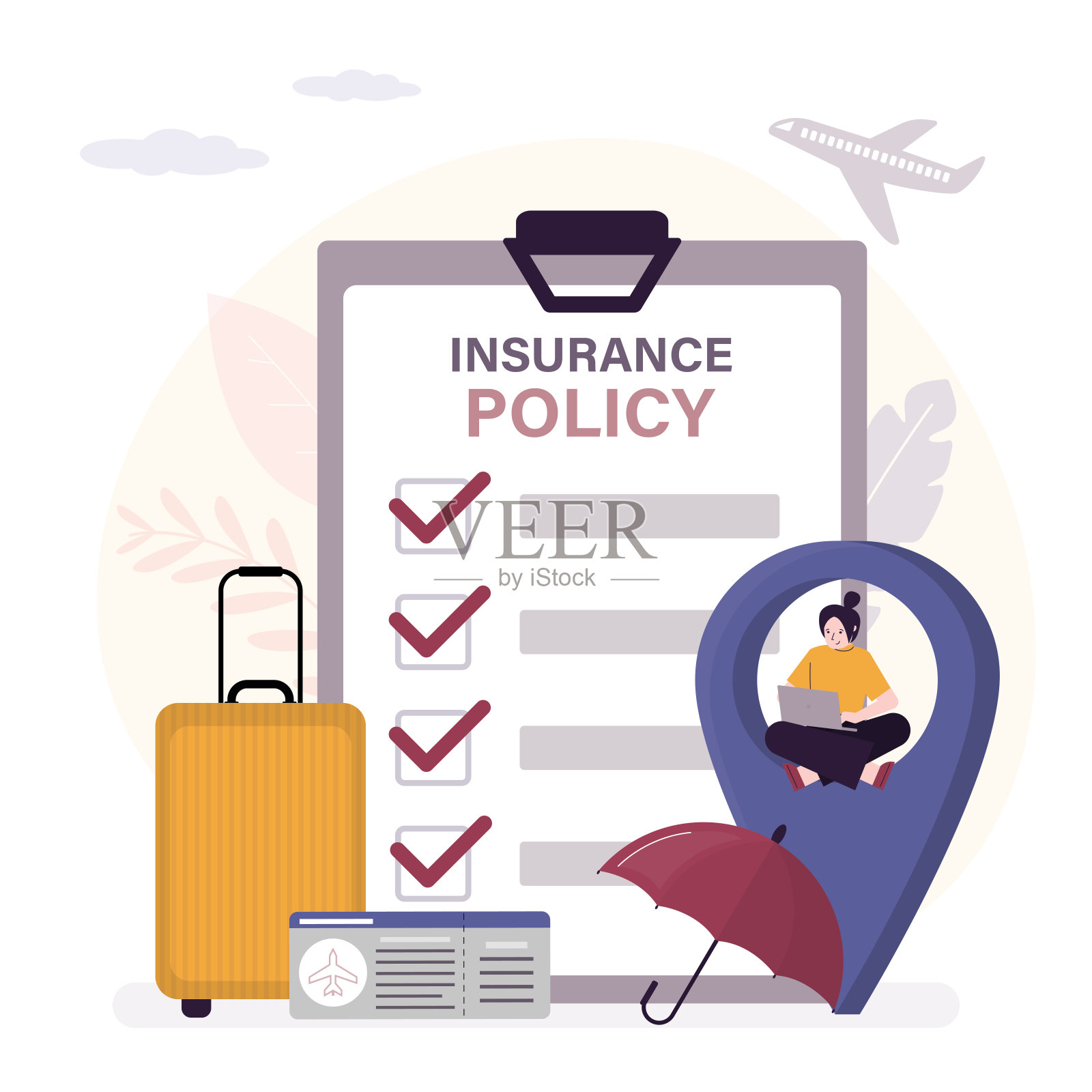 女性游客使用笔记本电脑并选择保险类型。网上服务提供旅行路线、旅游和医疗保险。安全乘坐飞机。插画图片素材