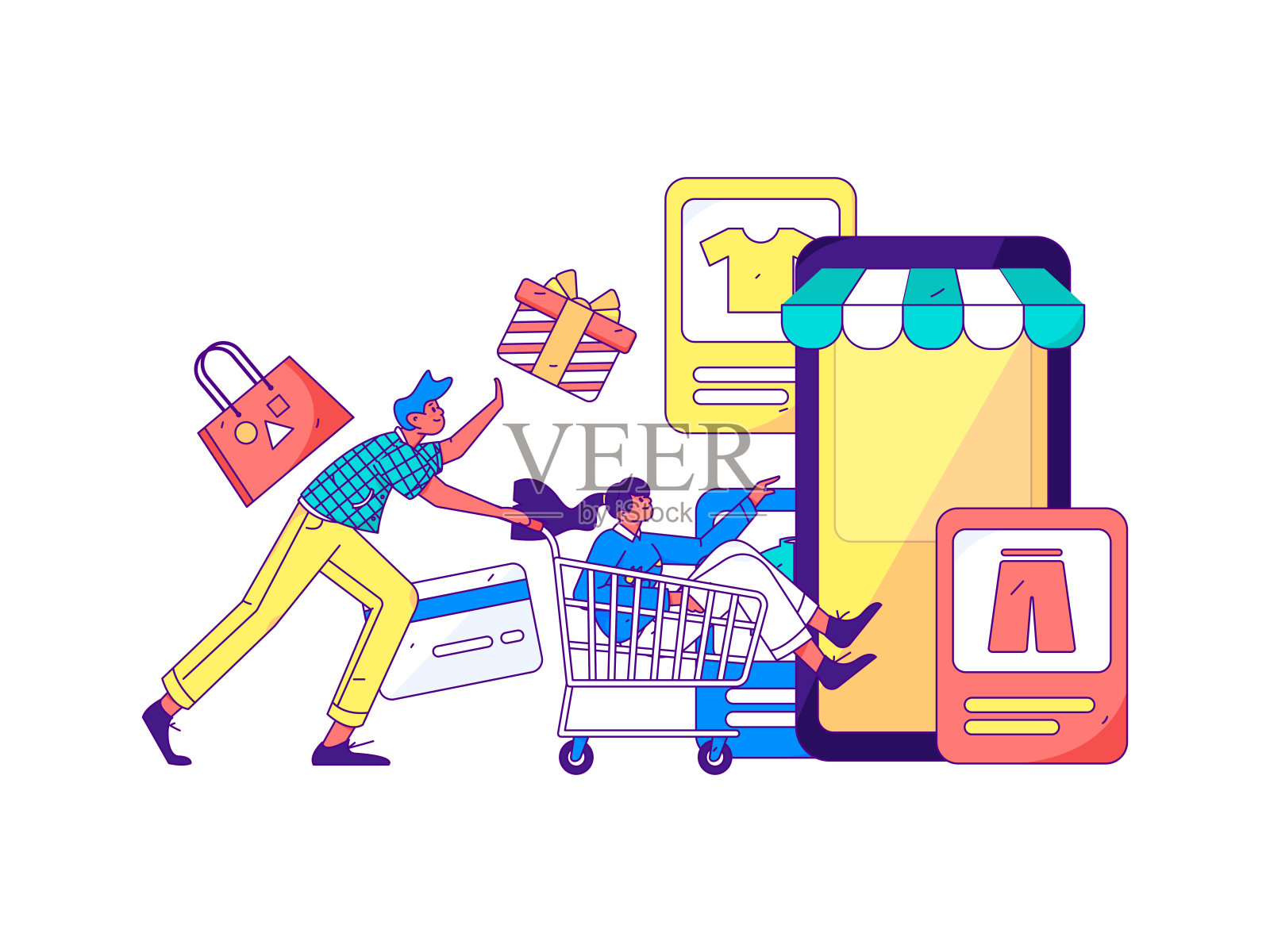 假日购物的人做电子商务网上购物平面矢量概念操作手绘插图插画图片素材