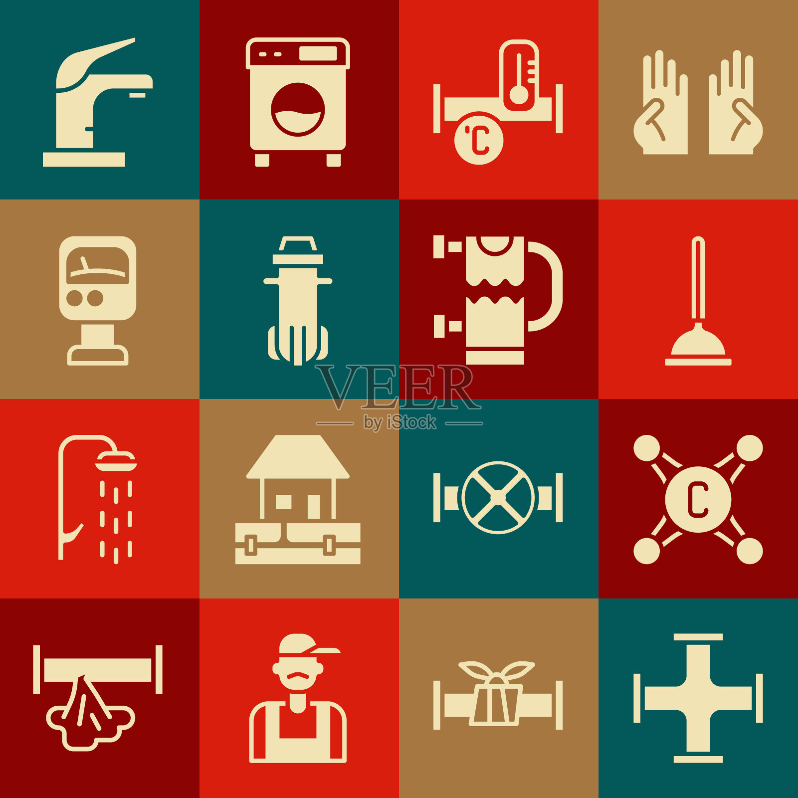 集工业金属管，水龙头，橡胶柱塞，过滤器，压力水表，和加热毛巾轨道图标。向量插画图片素材