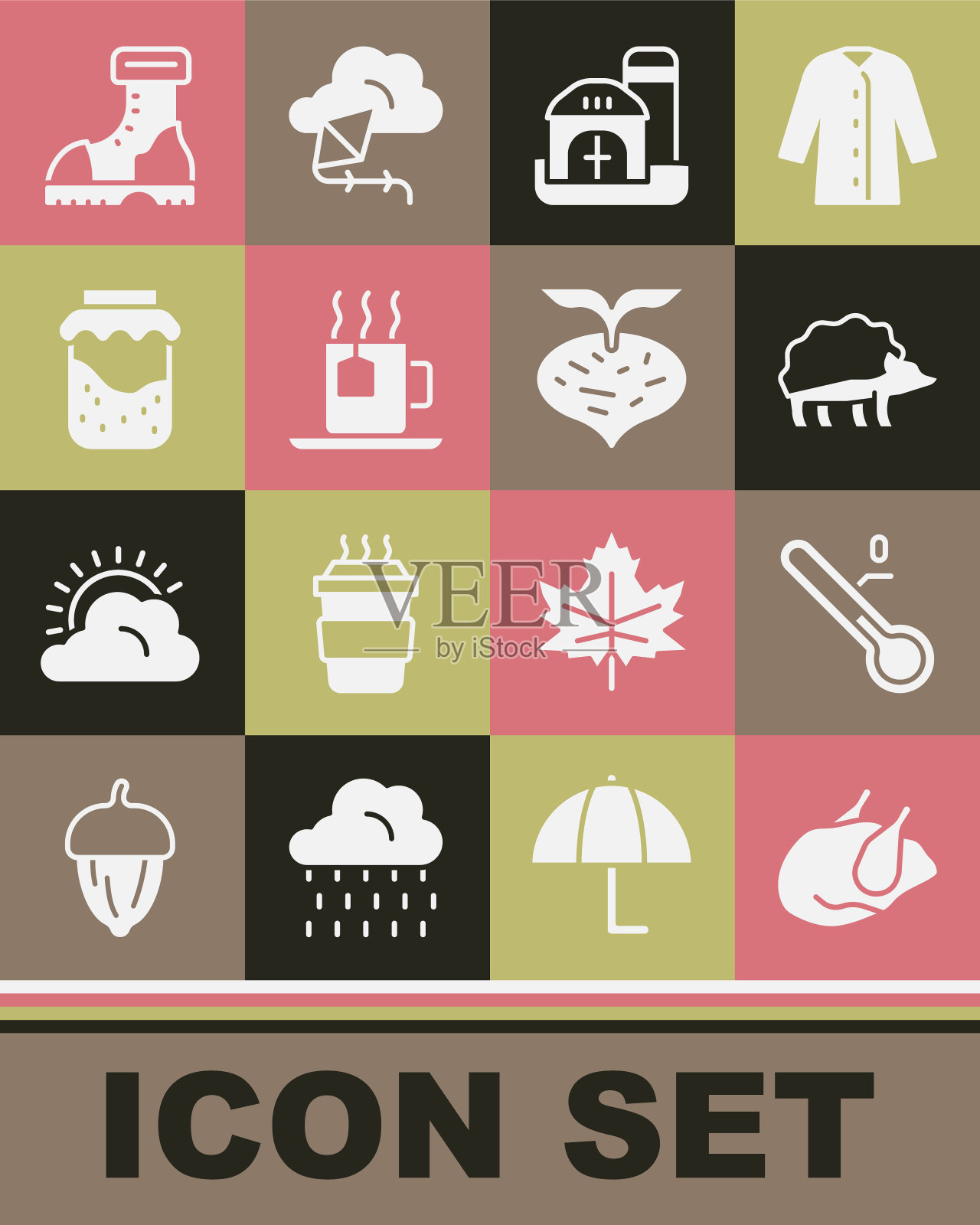 集烤火鸡或鸡，气象温度计，刺猬，农场的房子，一杯茶与茶包，果酱罐，防水橡胶靴和甜菜图标。向量插画图片素材