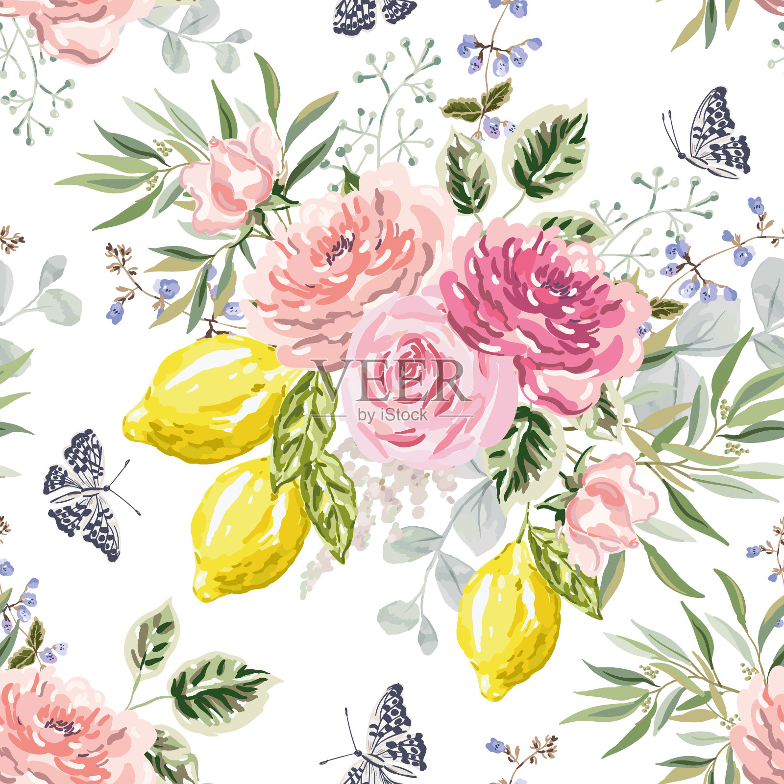 粉红玫瑰花，柠檬果，绿叶花束，蝴蝶，白色背景。花卉插图。矢量无缝模式。植物设计。自然夏季园林植物。浪漫的婚礼插画图片素材