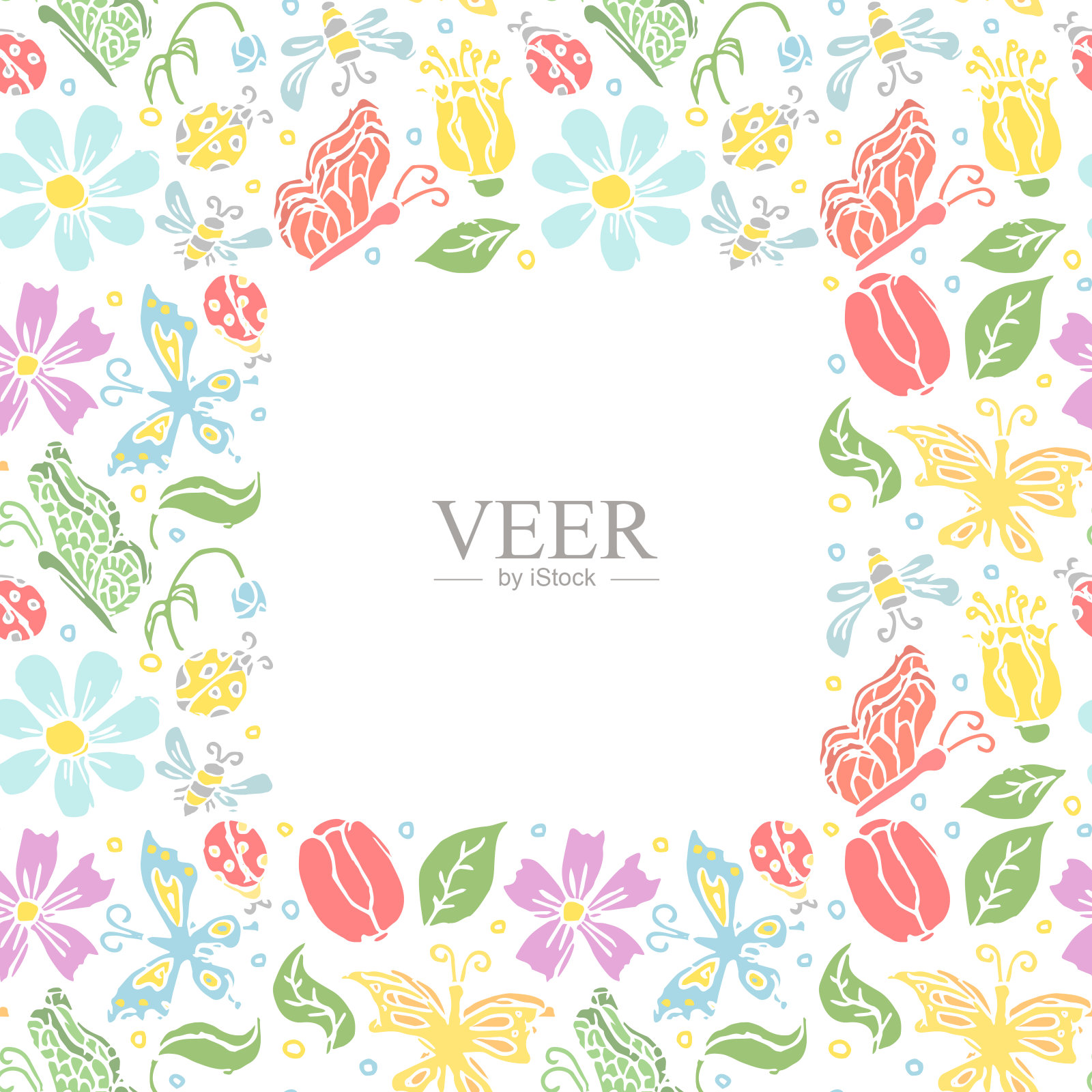 春天的花朵框架，花，蝴蝶，蜜蜂和瓢虫。无缝花朵背景插画图片素材