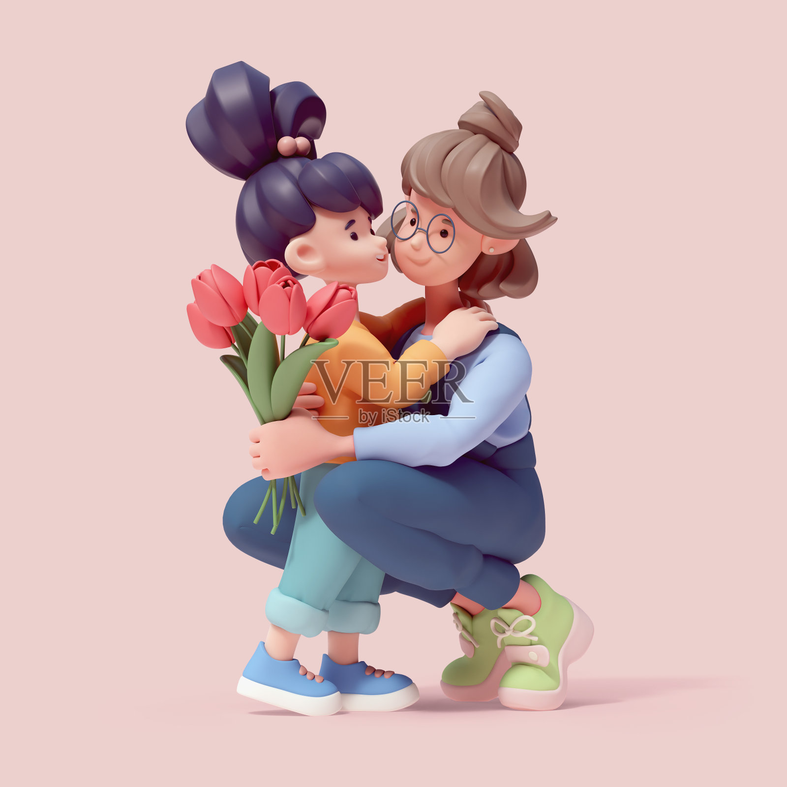 3d小女孩拥抱妈妈，送给妈妈一束红色郁金香。照片摄影图片