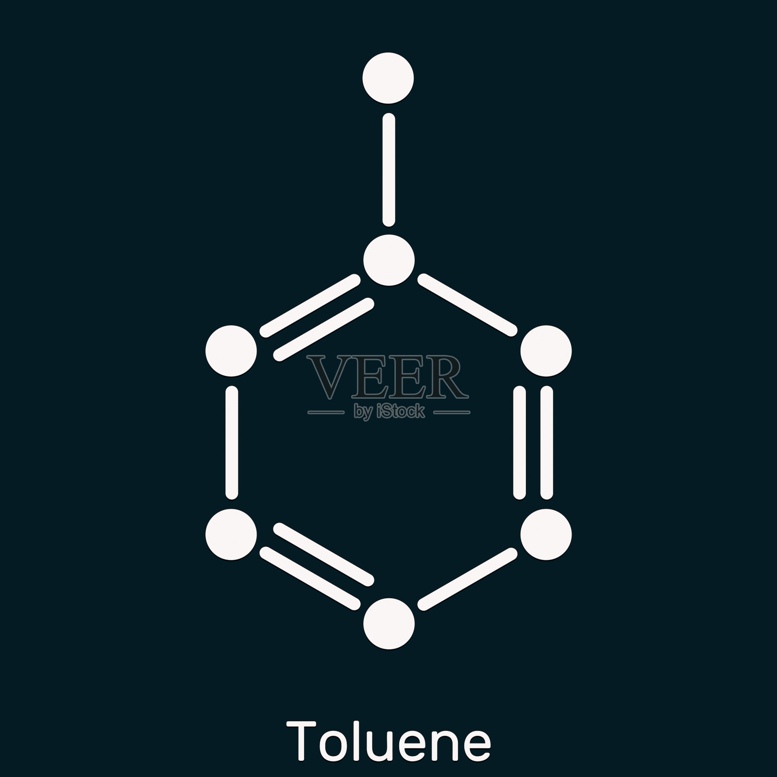 甲苯，甲苯C7H8分子。甲基苯，芳香烃。深蓝色背景上的骨架化学式。插画图片素材