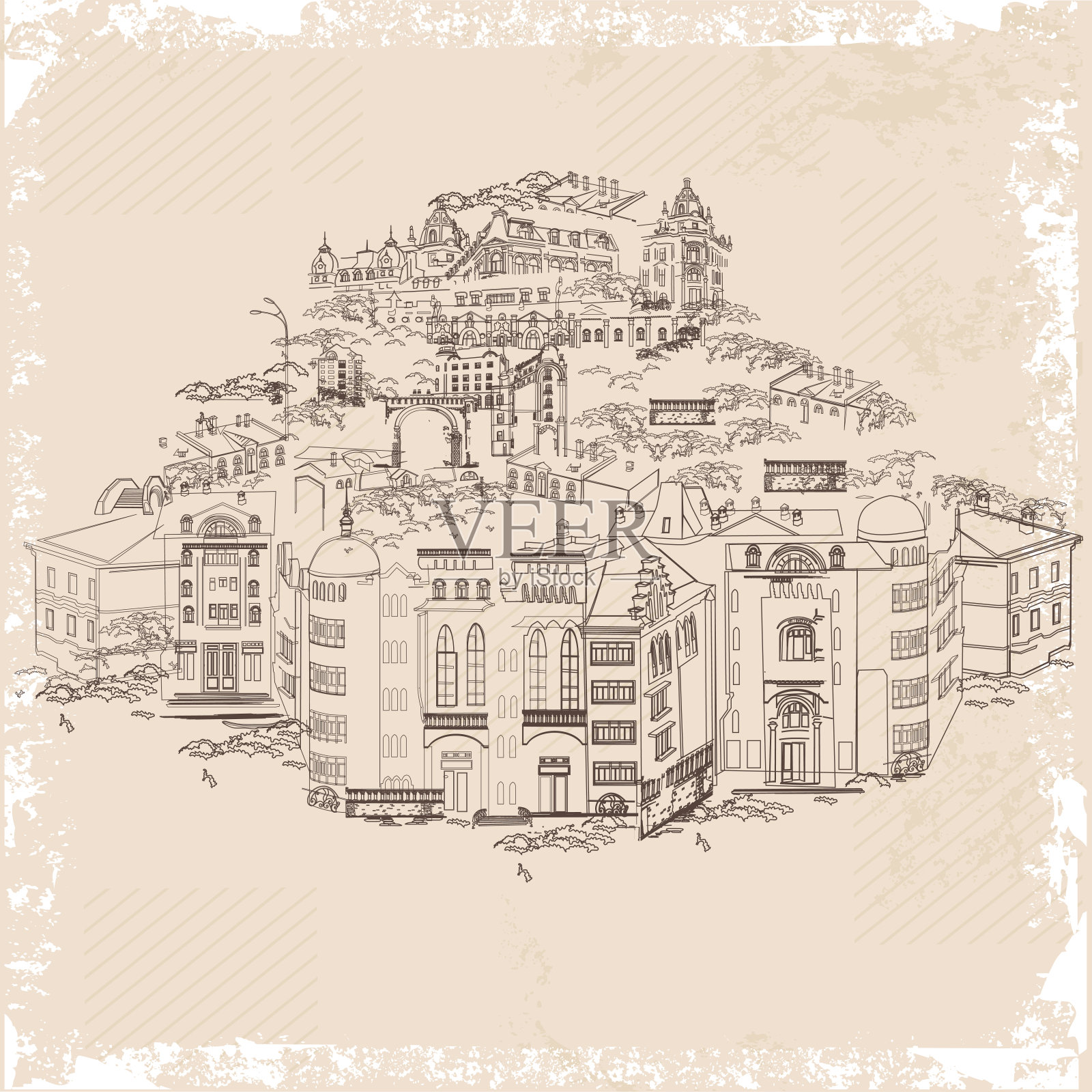 一系列以雪、老城景观和街头咖啡馆装饰的背景。手绘矢量建筑背景。插画图片素材