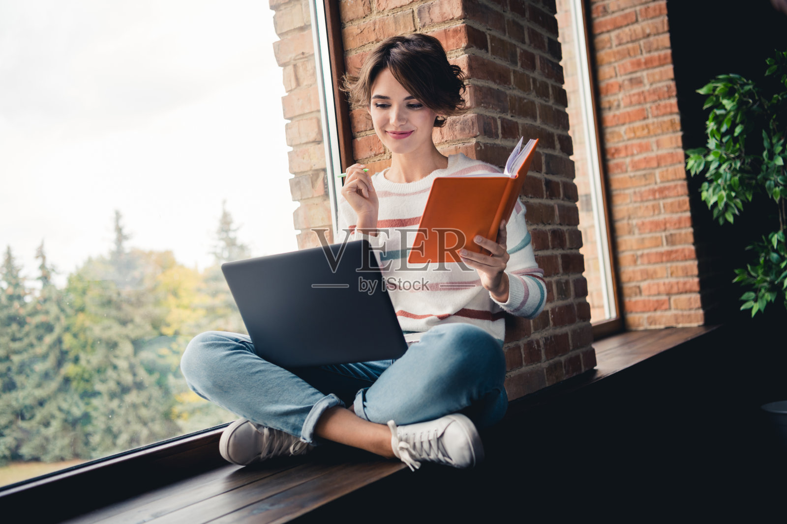 好人的全身照片坐在窗台上，拿着日记笔，在室内观看研讨会笔记本电脑公寓照片摄影图片