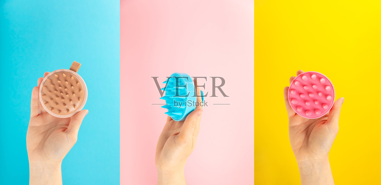 刷头皮按摩背景。用于头发生长刺激刷。头发按摩。刺激刷。护发、头部放松概念。本空间照片摄影图片