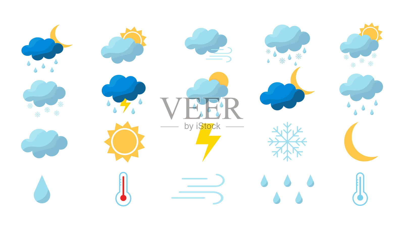 天气平面图标。矢量不同的天气信号收集。插画图片素材