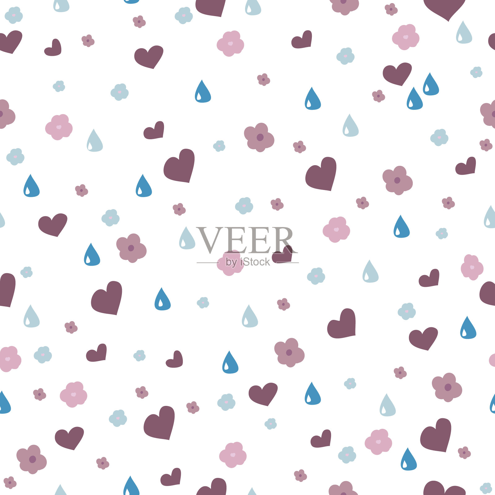 花，滴，心的无缝图案。白色上被隔离的载体。插画图片素材