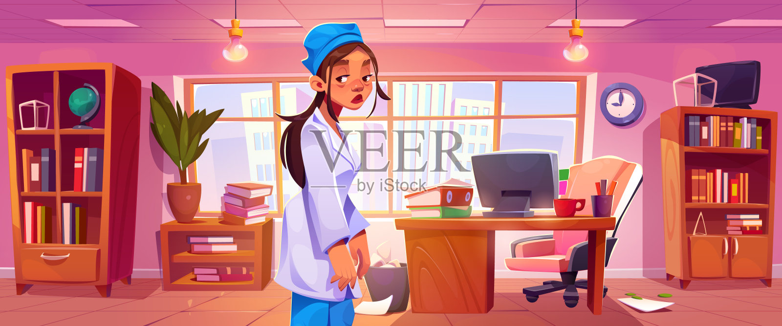 疲倦的医生或护士站在办公室里插画图片素材