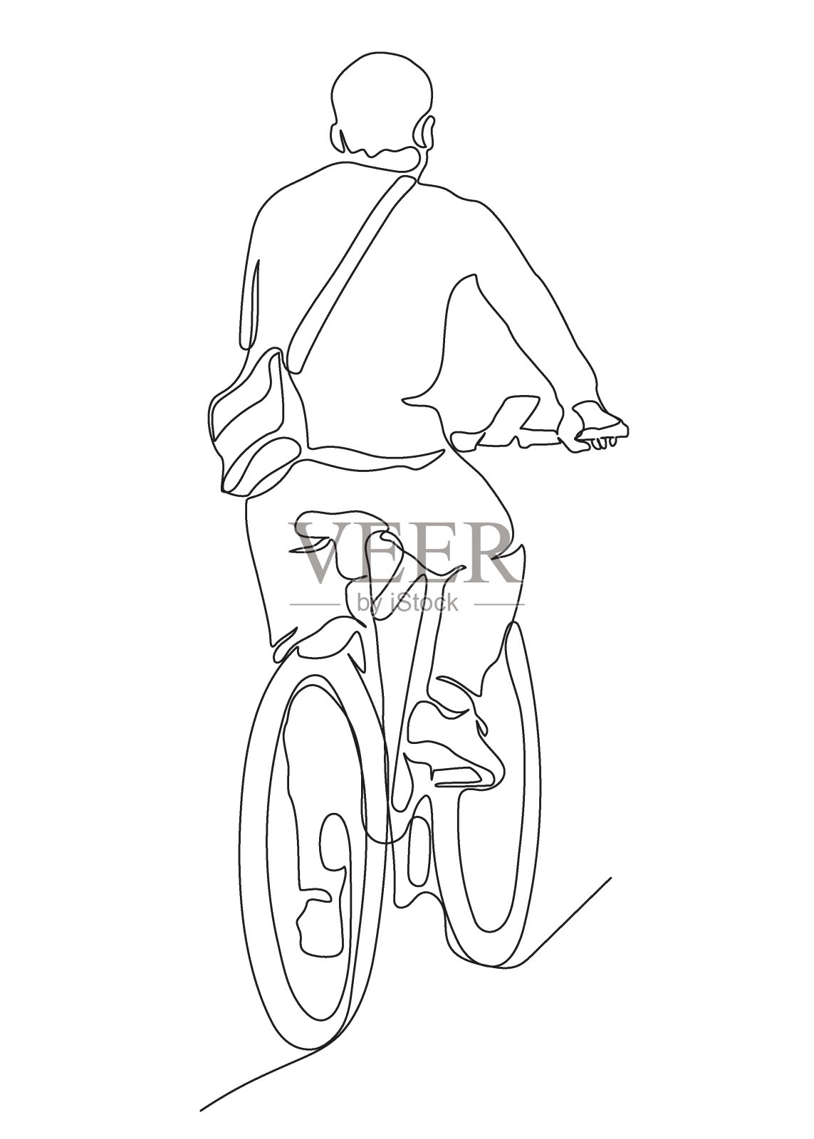 骑自行车的人。手机安装在方向盘上。后面的观点。连续线条绘制。黑白矢量插图在线艺术风格。插画图片素材