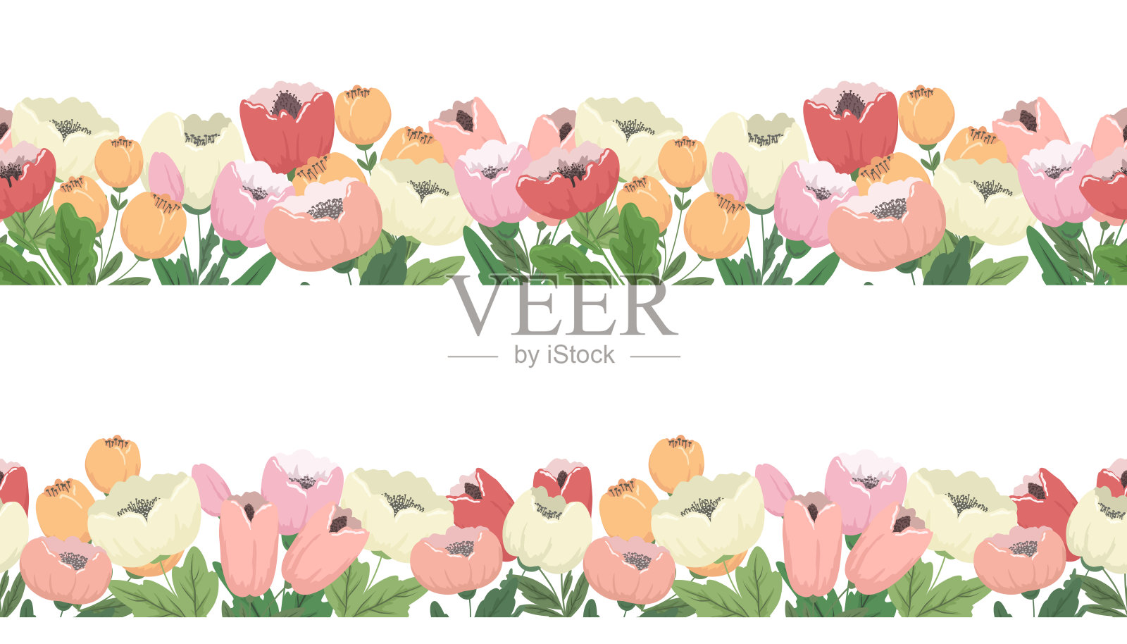 无缝的花边界，矢量插图盛开的花朵在卡通风格。插画图片素材