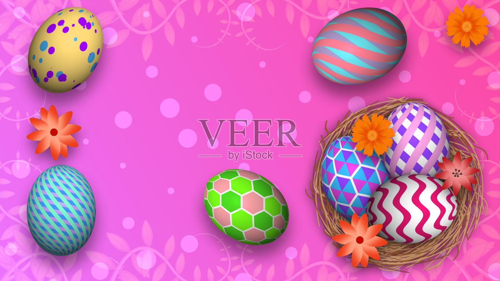 精美装饰的复活节背景，五颜六色的花朵和鸡蛋插画图片素材