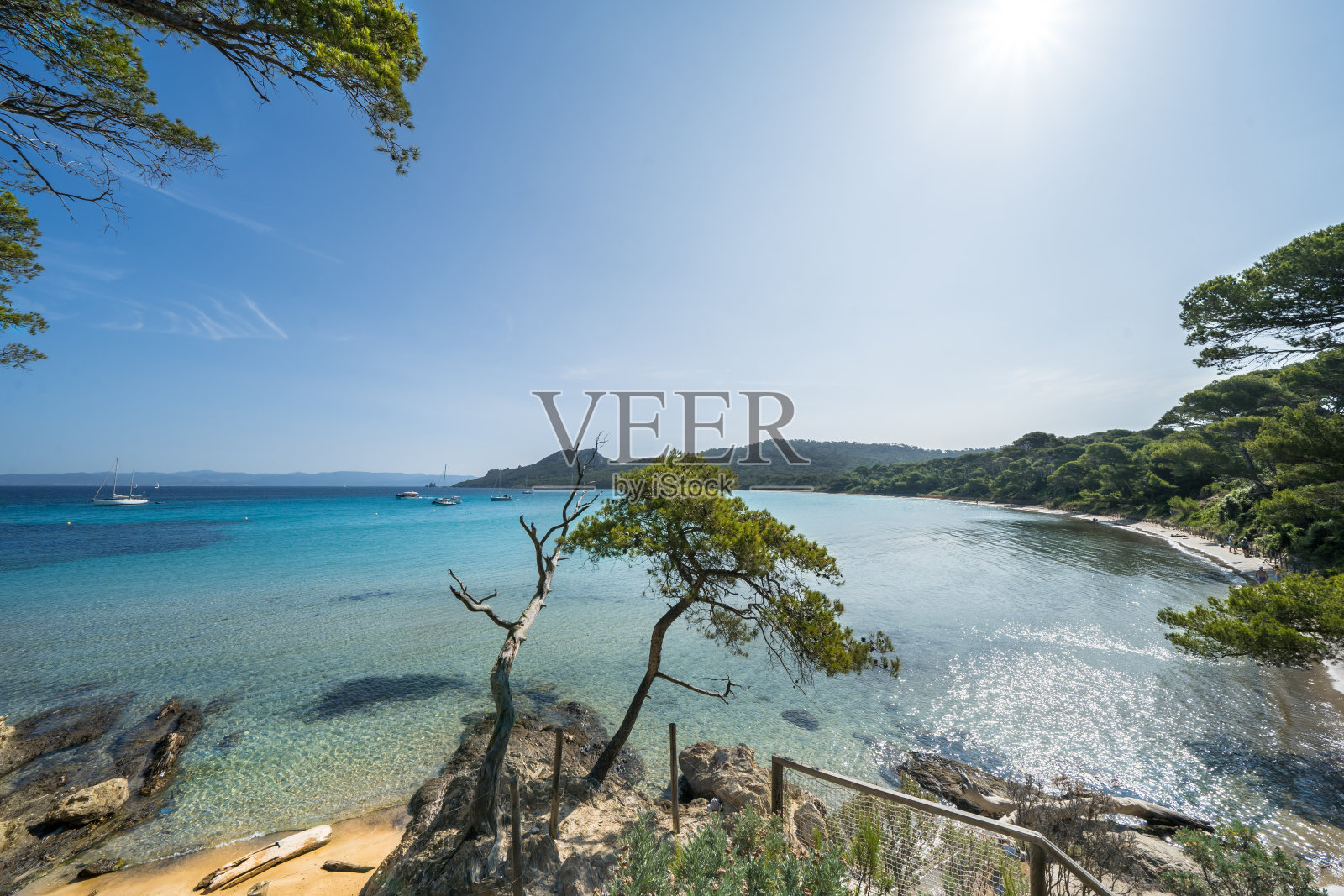 美丽的巴黎圣母院海滩(Plage Notre-Dame)，位于法国Porquerolles岛(l' <e:1> le de Porquerolles)照片摄影图片