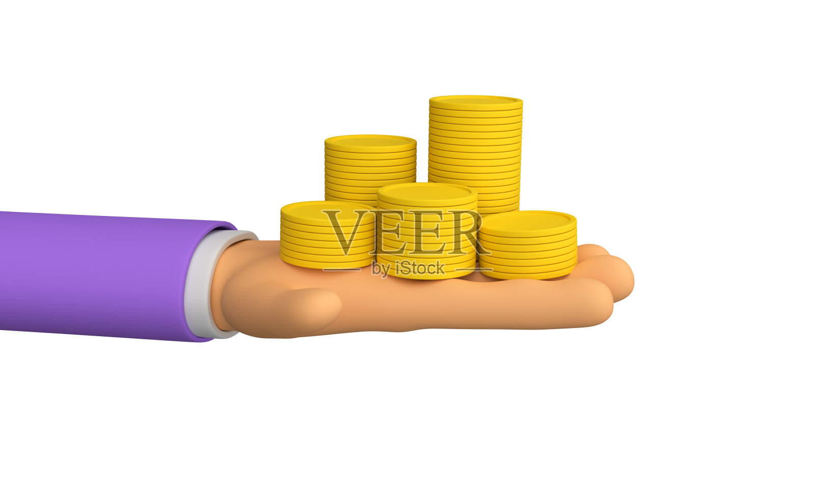 3d硬币堆在手。支付股息股票，被动收入。盈利能力的概念。三维演示照片摄影图片