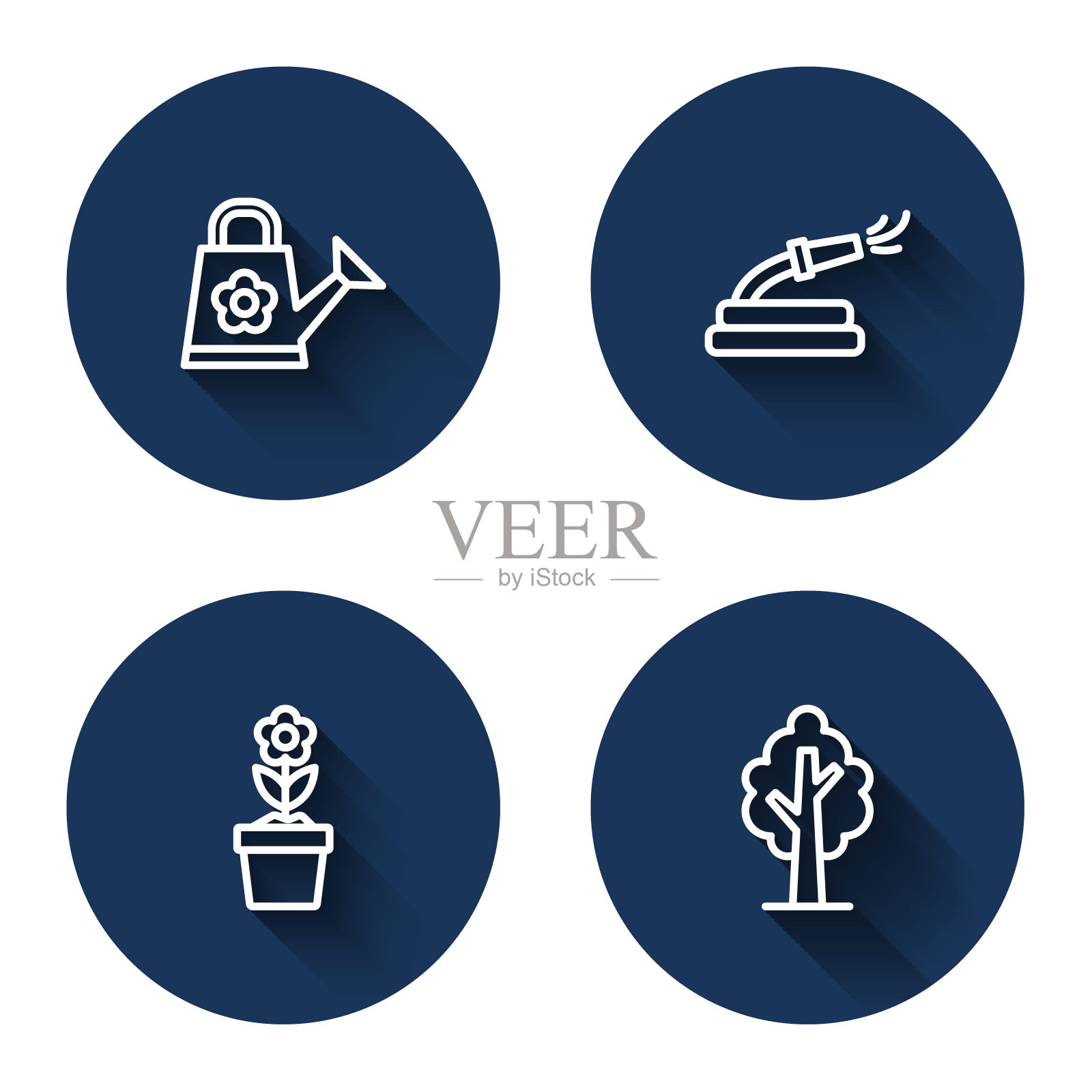 设置线喷壶，花园软管，花盆和树与长阴影。蓝色圆圈按钮。向量插画图片素材