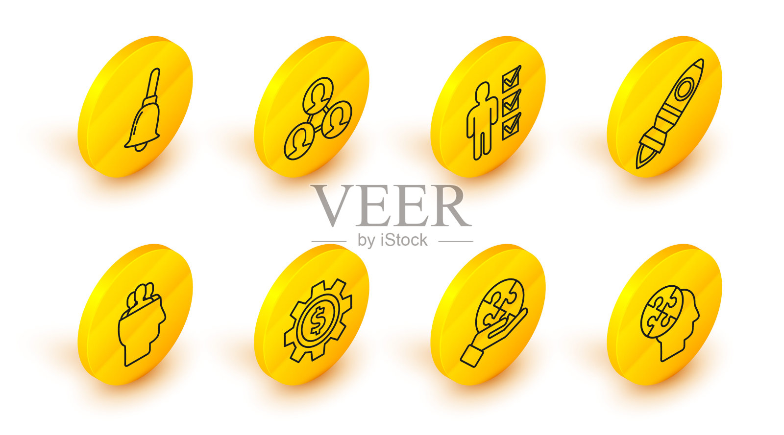 设线人头拼图策略，一块在手，齿轮与美元符号，项目团队基地，火箭飞船火，用户商务套装，和响铃图标。向量插画图片素材