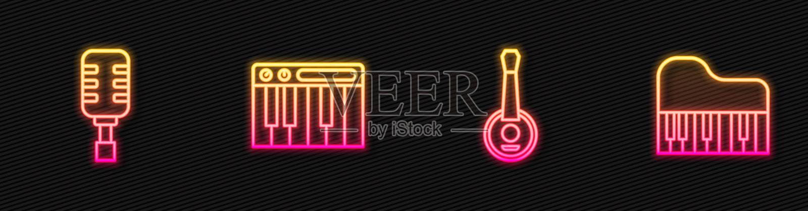设置线班卓琴，麦克风，音乐合成器和大钢琴。发光的霓虹灯图标。向量插画图片素材