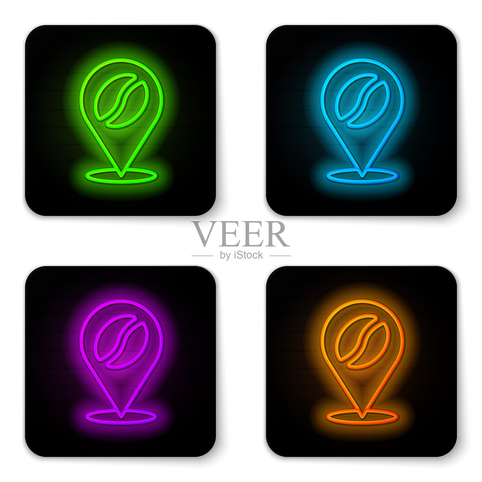 发光的霓虹灯线位置与咖啡豆图标隔离在白色背景上。黑色方形按钮。向量插画图片素材