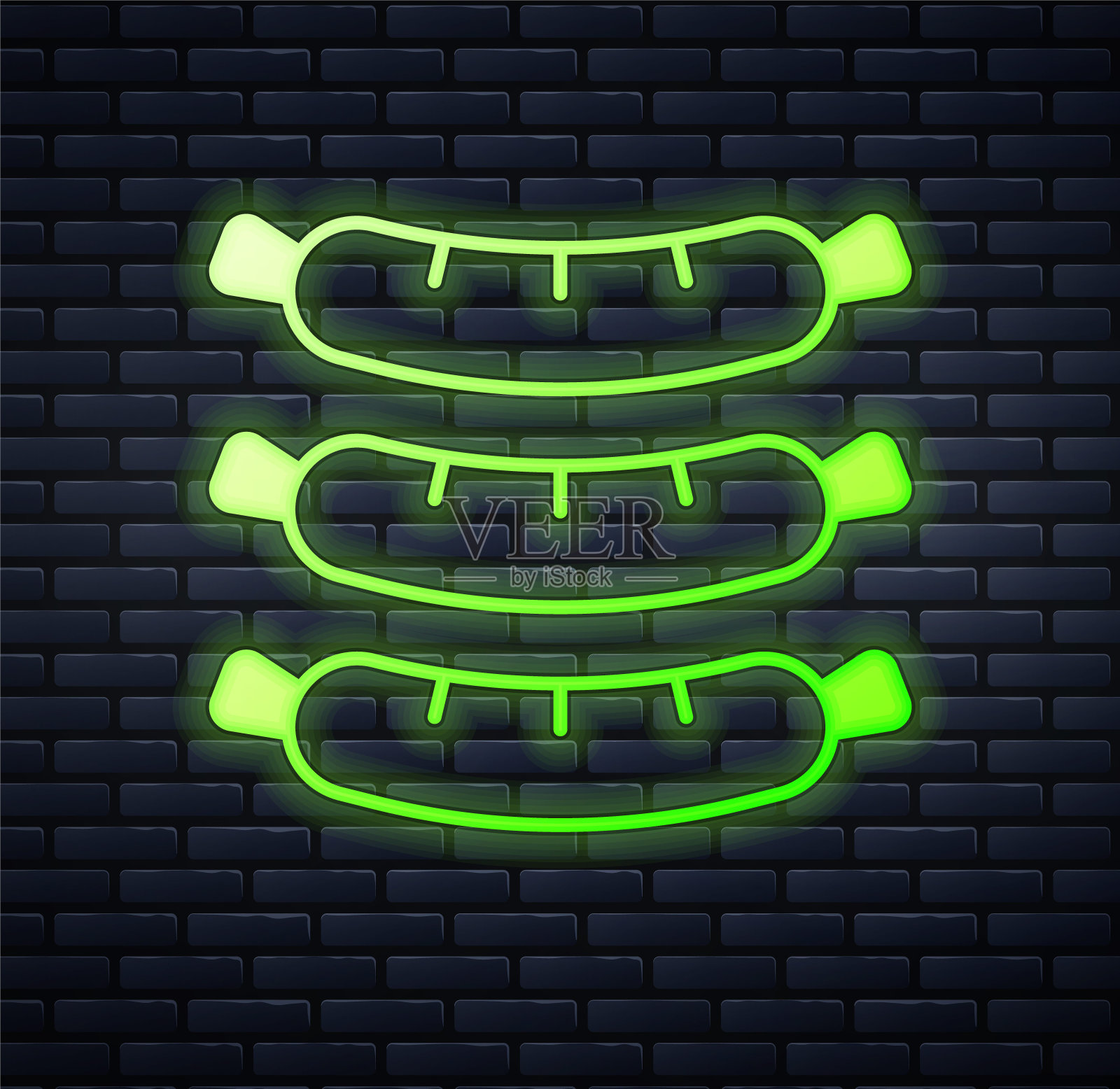 发光的霓虹香肠图标孤立的砖墙背景。烤香肠和香气招牌。向量插画图片素材