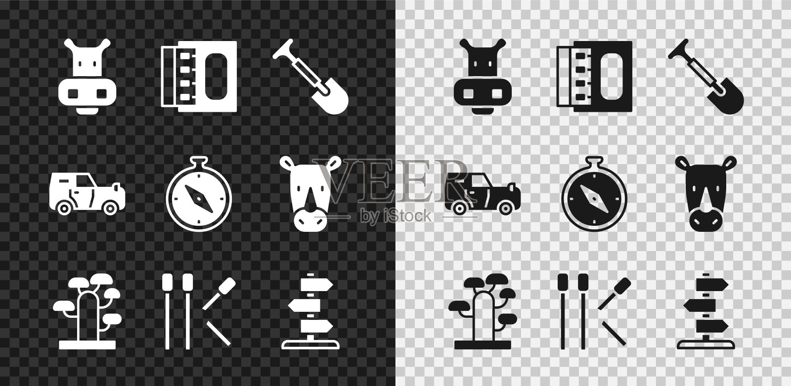 设置河马或河马，火柴盒和火柴，铲子，非洲树，火柴，道路交通标志，越野汽车和指南针图标。向量插画图片素材